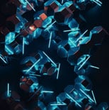 Abstract image of glowing blue geometric shapes and lines against a dark background, creating a futuristic and high-tech appearance.